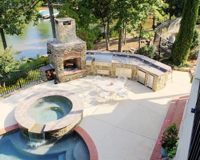 Stone Patio & Kitchen with Fireplace